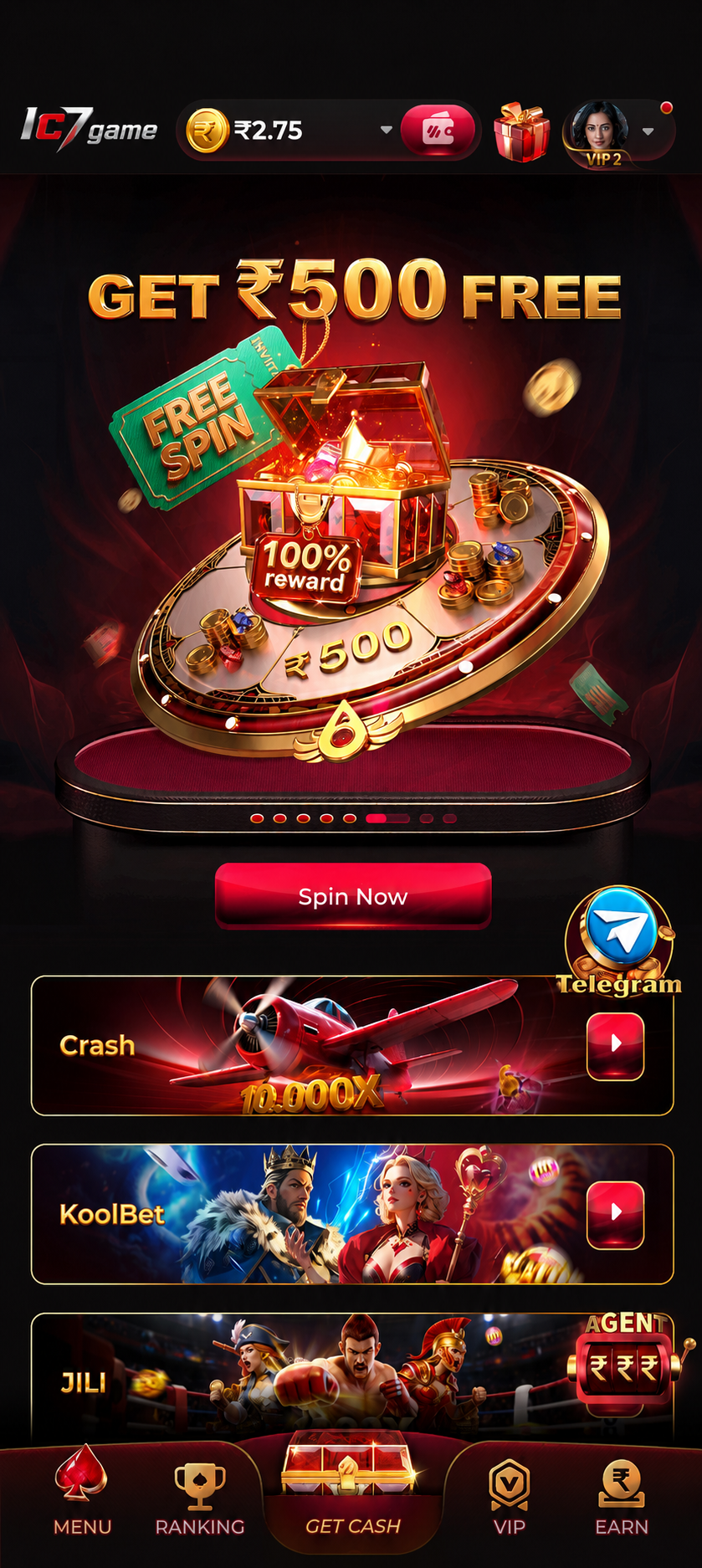 The IC7 Game app running on a phone, showing the game lobby
