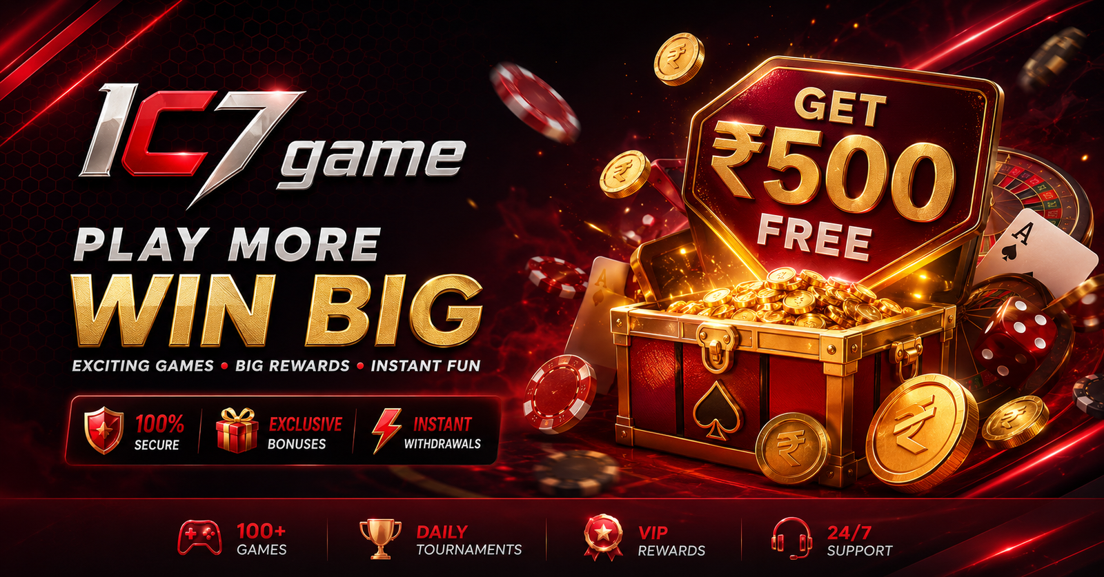 IC7 Game platform banner — over 100 skill games with a ₹10,000 welcome bonus